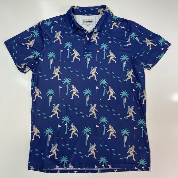 TIPSY ELVES “BIGFOOT BOGEY” GOLF POLO SHIRT Men's Size Large Blue EUC - Picture 1 of 7
